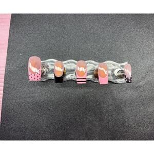 Medium square press on nails pink french tips black polka dots handmade custom